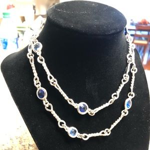 Silver long necklace with blue glass